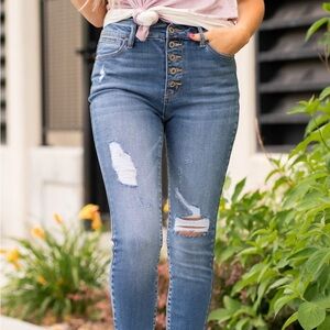 KanCan Blue Straight Leg Jeans with Distressing and High Waist